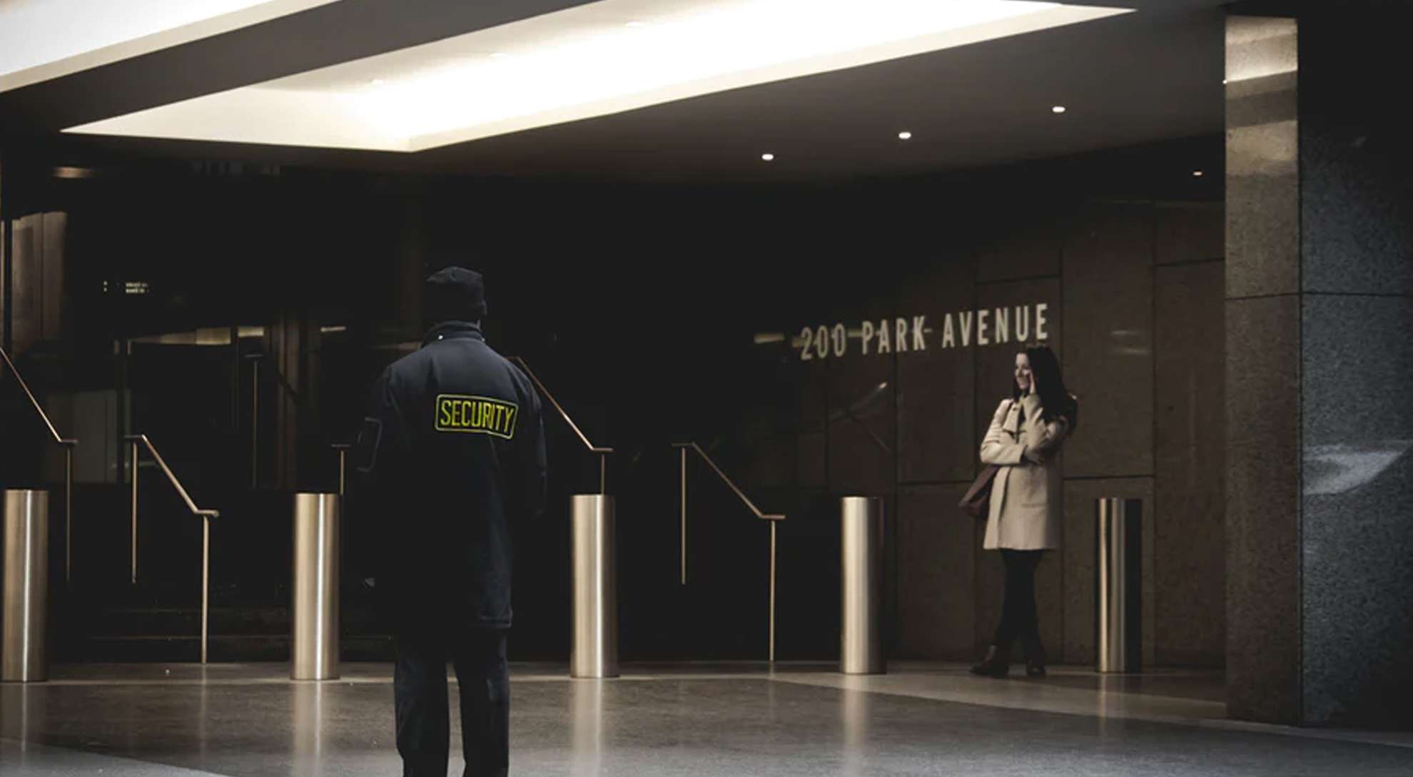 security guard in the lobby of a commercial building in new york